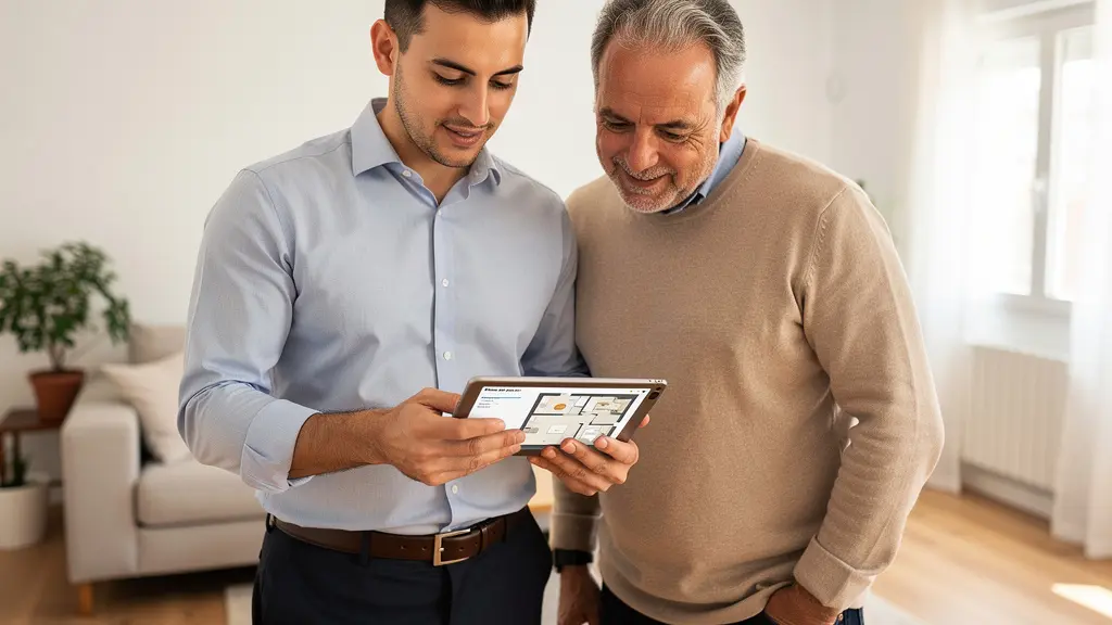 Asesor inmobiliario mostrando valoración en tablet a propietario