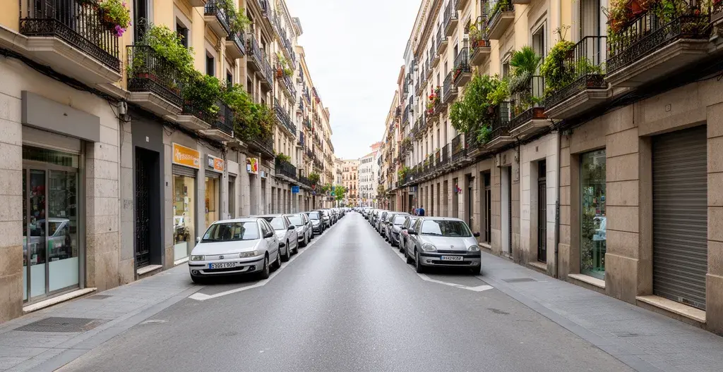 Calle residencial de barrio madrileño con comercios locales y edificios típicos