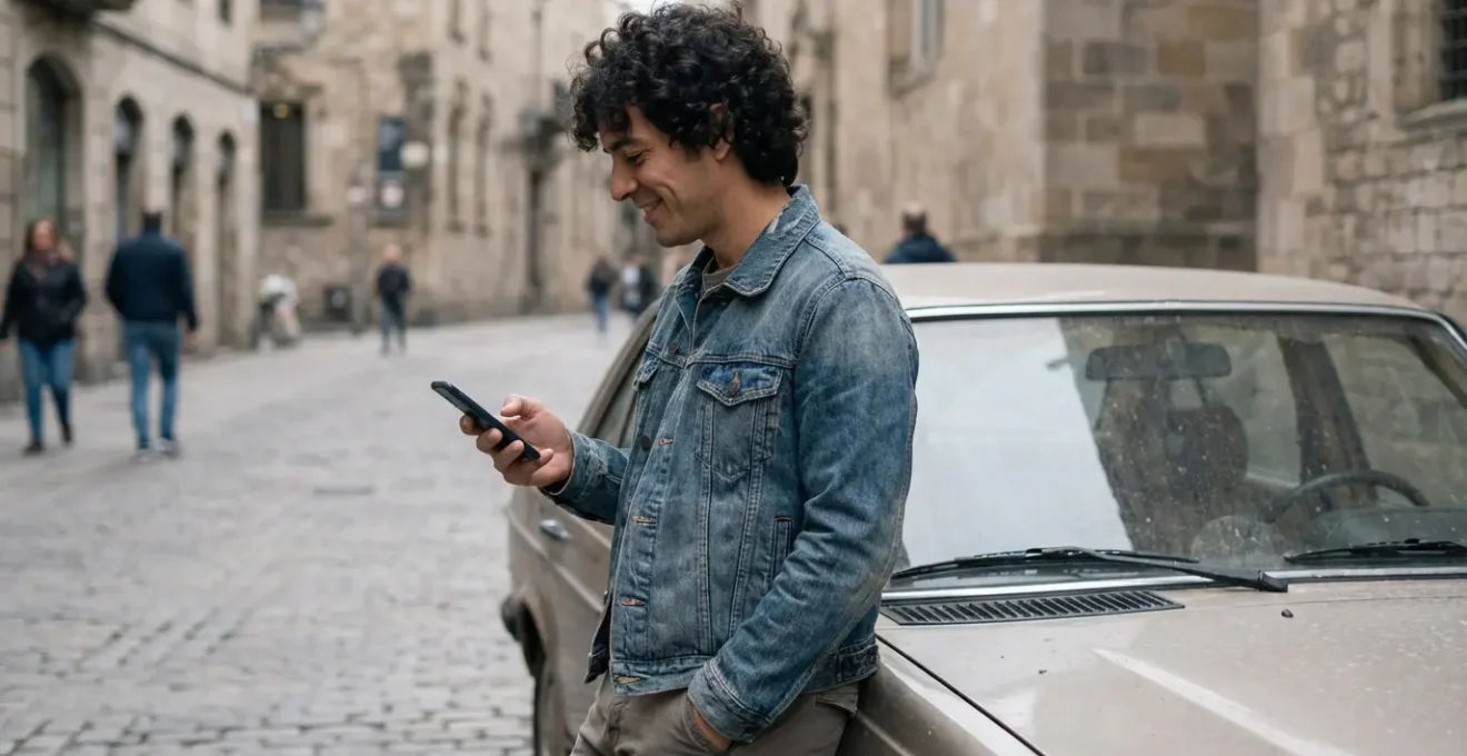 Conductor español consultando confirmación de seguro en smartphone junto al coche