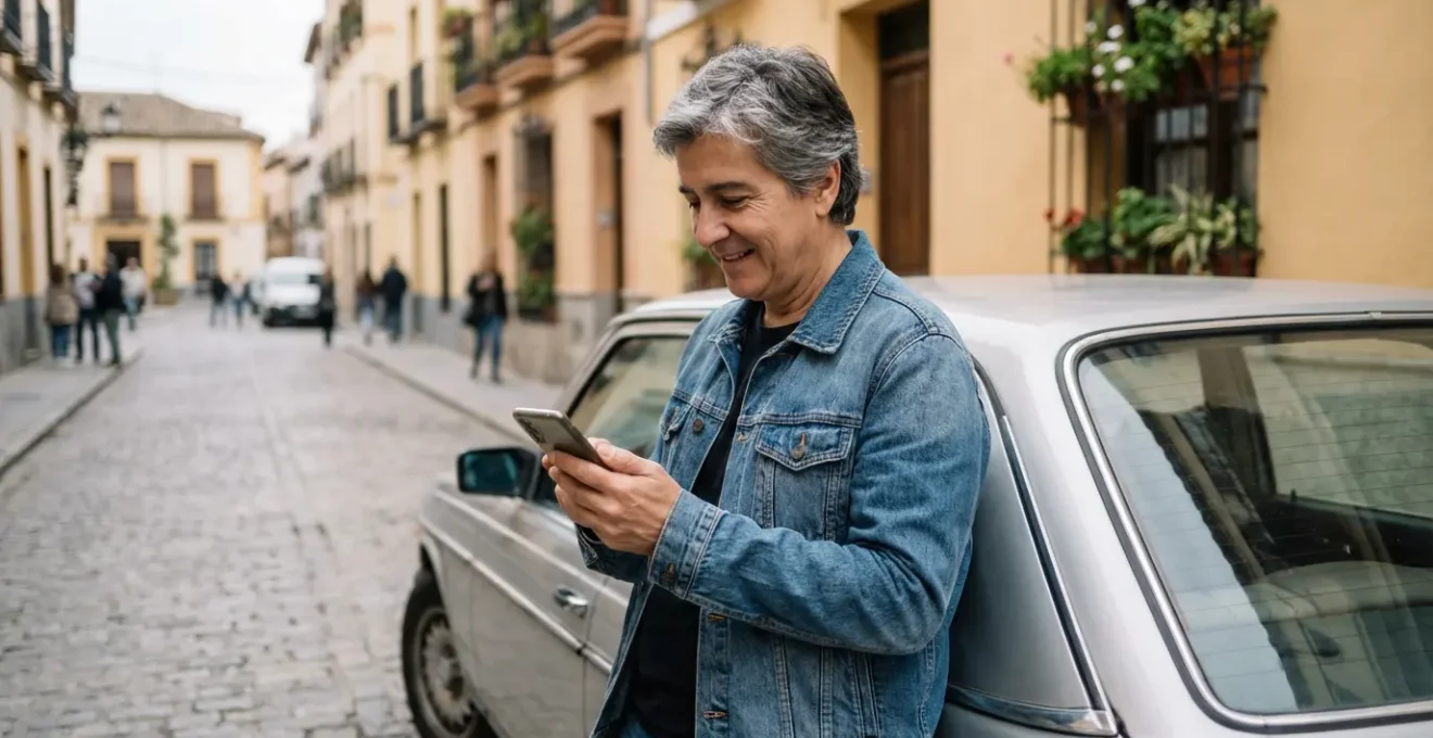 Conductor ocasional junto a su coche aparcado en zona residencial española consultando móvil