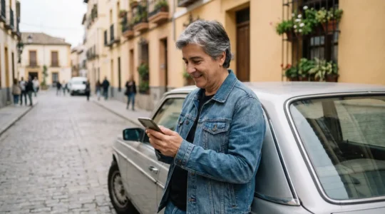 Conductor ocasional junto a su coche aparcado en zona residencial española consultando móvil