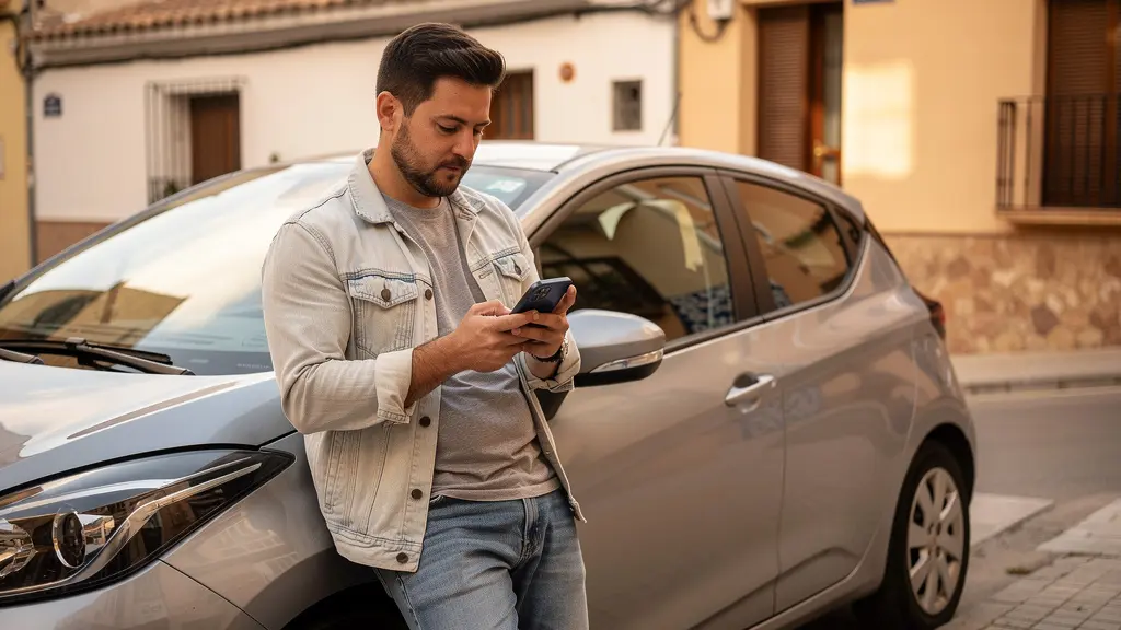Conductor ocasional consultando seguro por días en móvil junto a su coche en calle residencial española