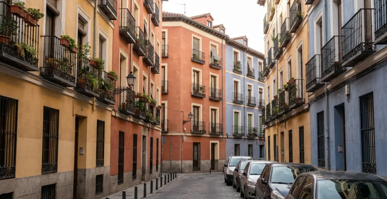 Edificios residenciales típicos de Madrid con balcones y fachadas características (precio vivienda Madrid)