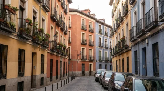 Edificios residenciales típicos de Madrid con balcones y fachadas características (precio vivienda Madrid)