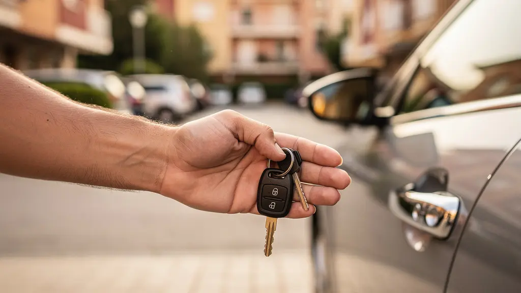 Llaves de coche en mano junto a puerta del vehículo, momento de verificar seguro antes de conducir