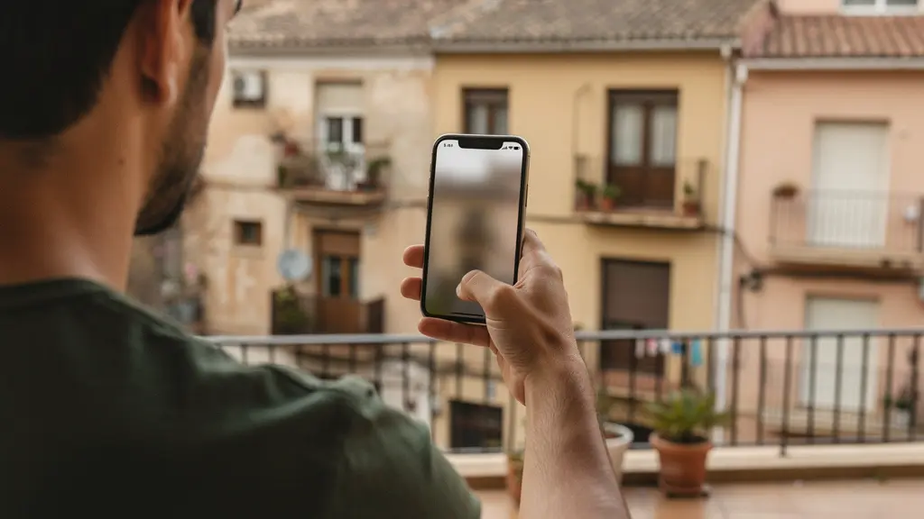 Propietario consultando valoración inmobiliaria en smartphone desde terraza