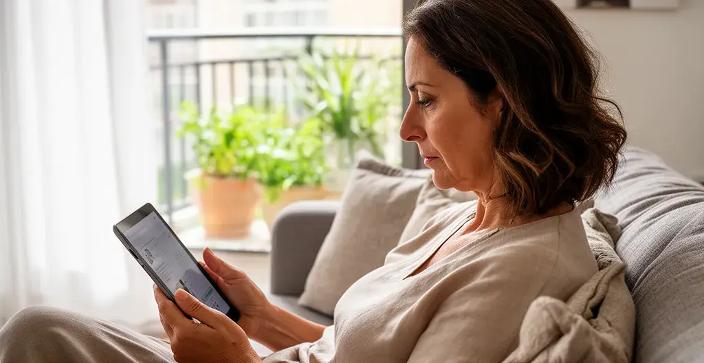 Persona consultando valoración inmobiliaria en tablet desde salón madrileño