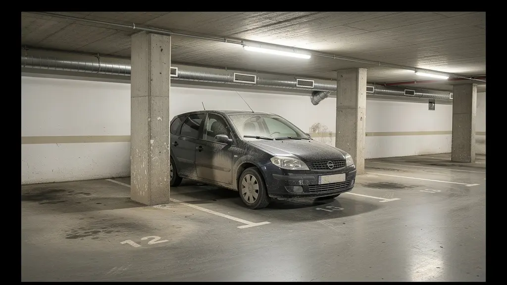 Coche familiar aparcado en garaje comunitario con aspecto de poco uso, situación típica de conductor ocasional