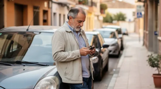 Conductor consultando móvil junto a su coche en calle residencial española para contratar seguro por días
