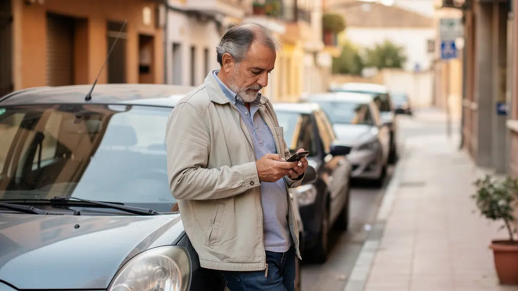 Conductor consultando móvil junto a su coche en calle residencial española para contratar seguro por días