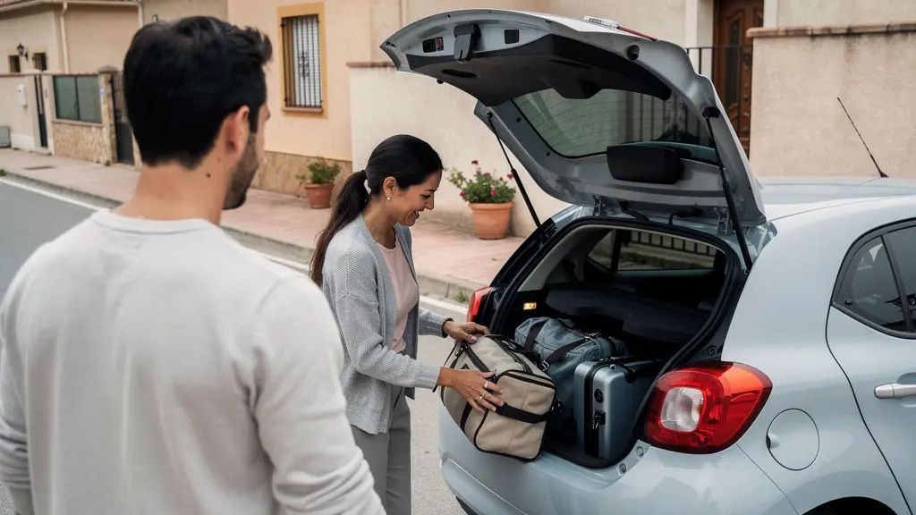 Pareja cargando maletas en coche para escapada de fin de semana, momento típico para activar seguro por días